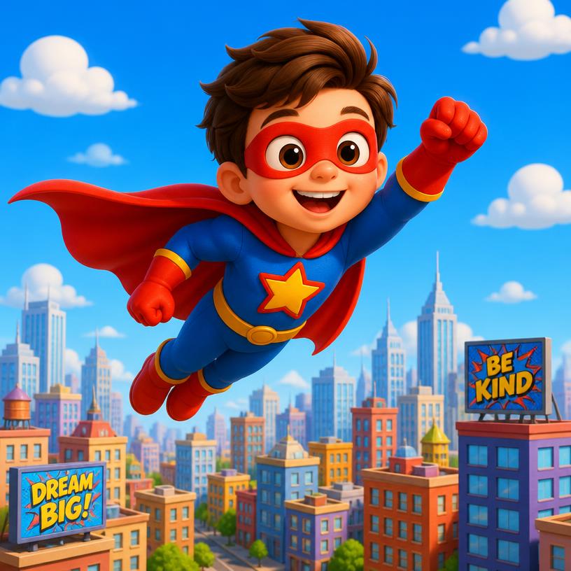 A child superhero with a red cape flying over a sunny city